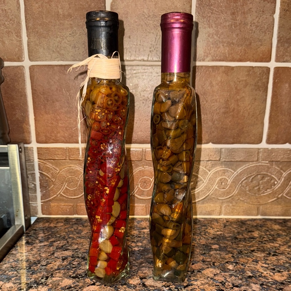Decorative Olive Oil Bottles with Black and Purple Caps